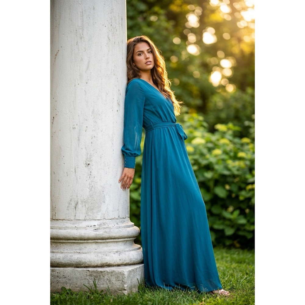 Ricarica Teal Blue Long‎ Sleeve Maxi Dress V-Neck Formal Gown Sm Flowy Feminine